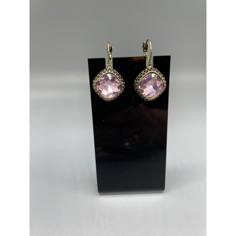 Vintage  Pink Crystal Leverback Drop‎ Earrings Brass Tone Ornate Bezel 1"